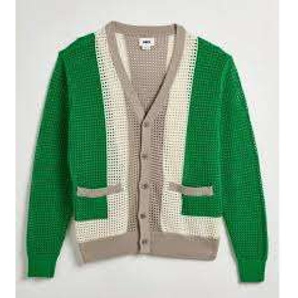 Obey Mens Mesh Knit Cardigan Green Cream Taupe Colorblock 60's Sweater Small